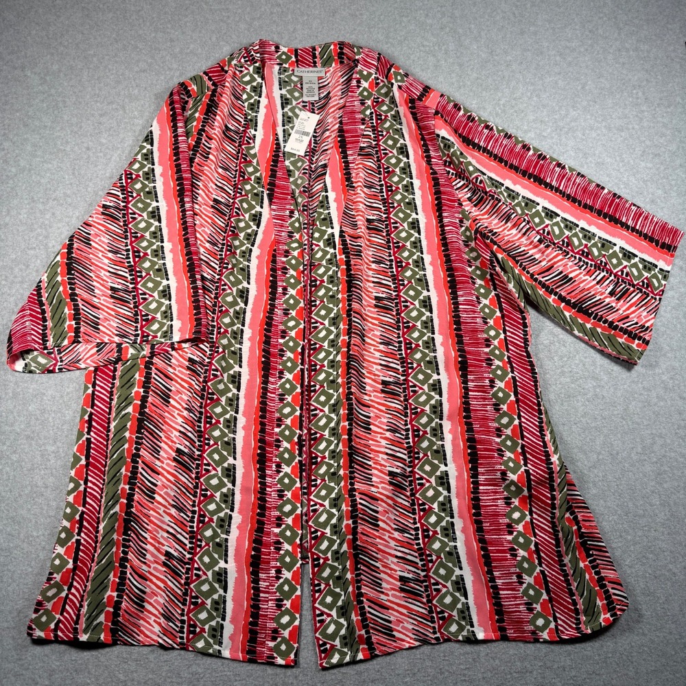 Catherines Kimono Topper Red Pink Olive Geometric Striped Open Front 2X 22/24W